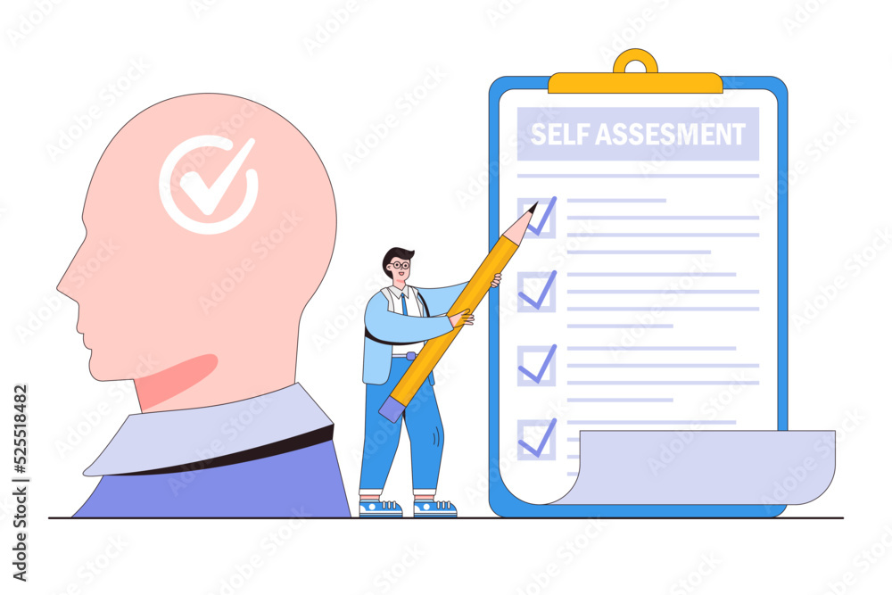 Self assessment, analysis career development to evaluate yourself, analyze important facet to build identity, work improvement process concepts. Businessman giving check on personal review checkbox Self assessment, analysis career development to evaluate yourself, analyze important facet to build identity, work improvement process concepts. Businessman giving check on personal review checkbox