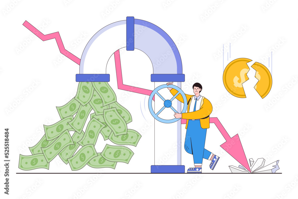 Sunk cost investment problem, financial crisis, budget expenses failure, falling income, economics bankruptcy, poor management concepts. Businessman investor opening money pipes with graph arrow down