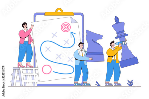 Strategy to win competition, teamwork looking plan idea to reach goal, achieve business victory concepts. Businesspeople team planning move and tactic on clipboard with chess knight and king pieces