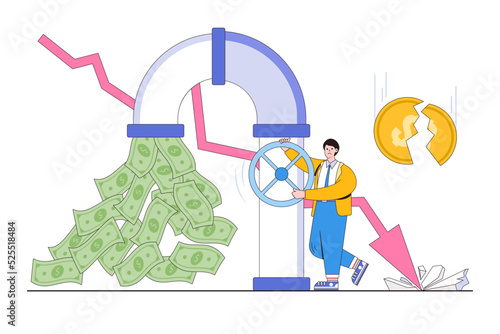 Sunk cost investment problem, financial crisis, budget expenses failure, falling income, economics bankruptcy, poor management concepts. Businessman investor opening money pipes with graph arrow down