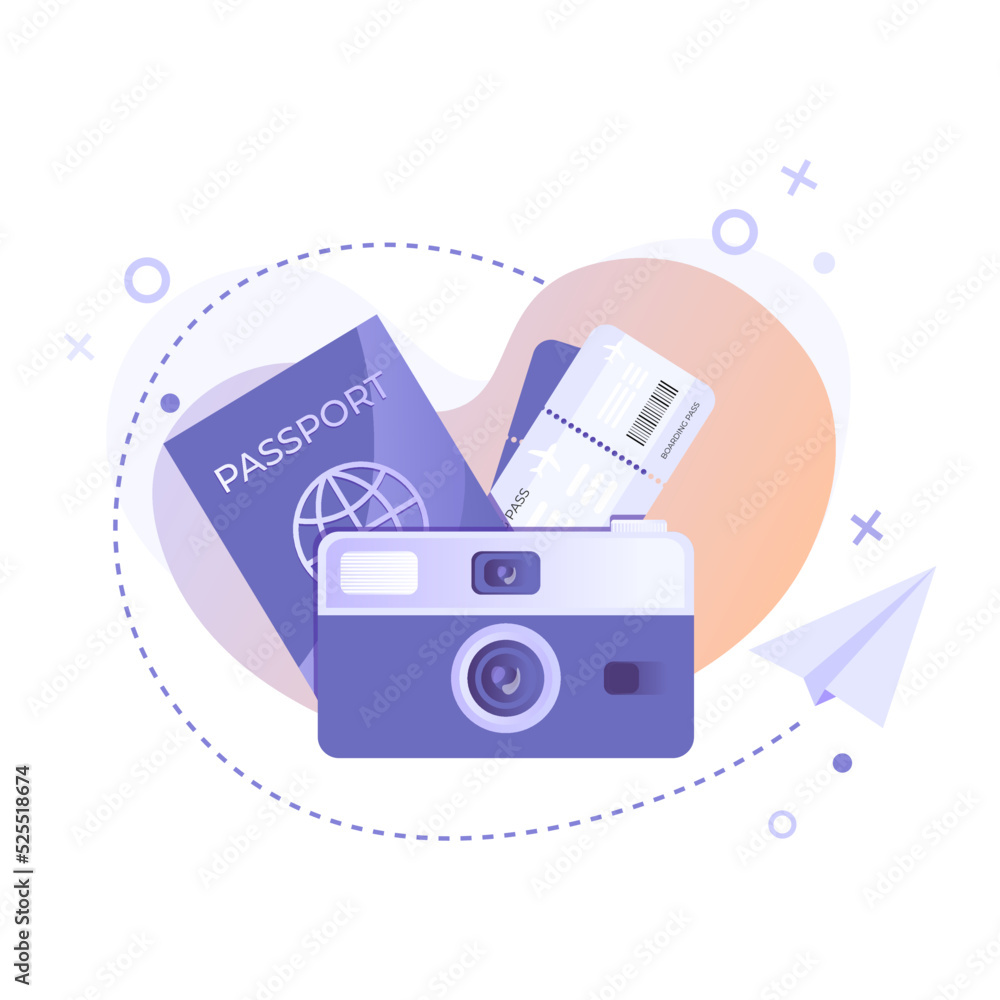 Fototapeta premium Violet vintage instant photo camera with passport id and airplane ticket or boarding pass in flat style on gradient background. Travel, airplane booking, planning a vacation and tourism concept.