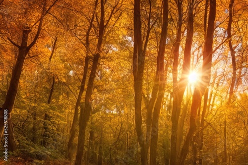Bright sunbeams of the setting sun breaking through the beautiful autumn forest. Beautiful natural landscape. Calming and relaxing scene.