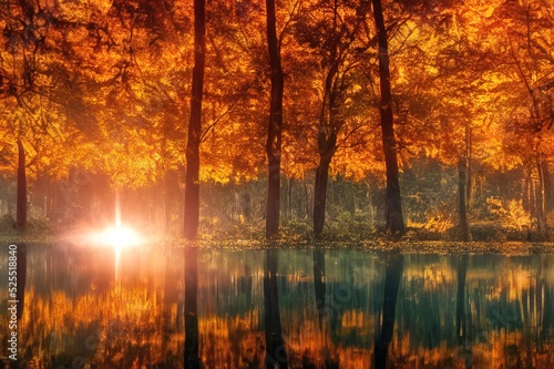 Bright sunbeams of the setting sun breaking through the beautiful autumn forest. Beautiful natural landscape. Calming and relaxing scene.