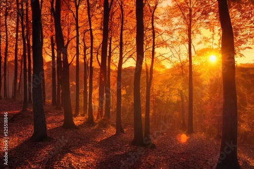Bright sunbeams of the setting sun breaking through the beautiful autumn forest. Beautiful natural landscape. Calming and relaxing scene.