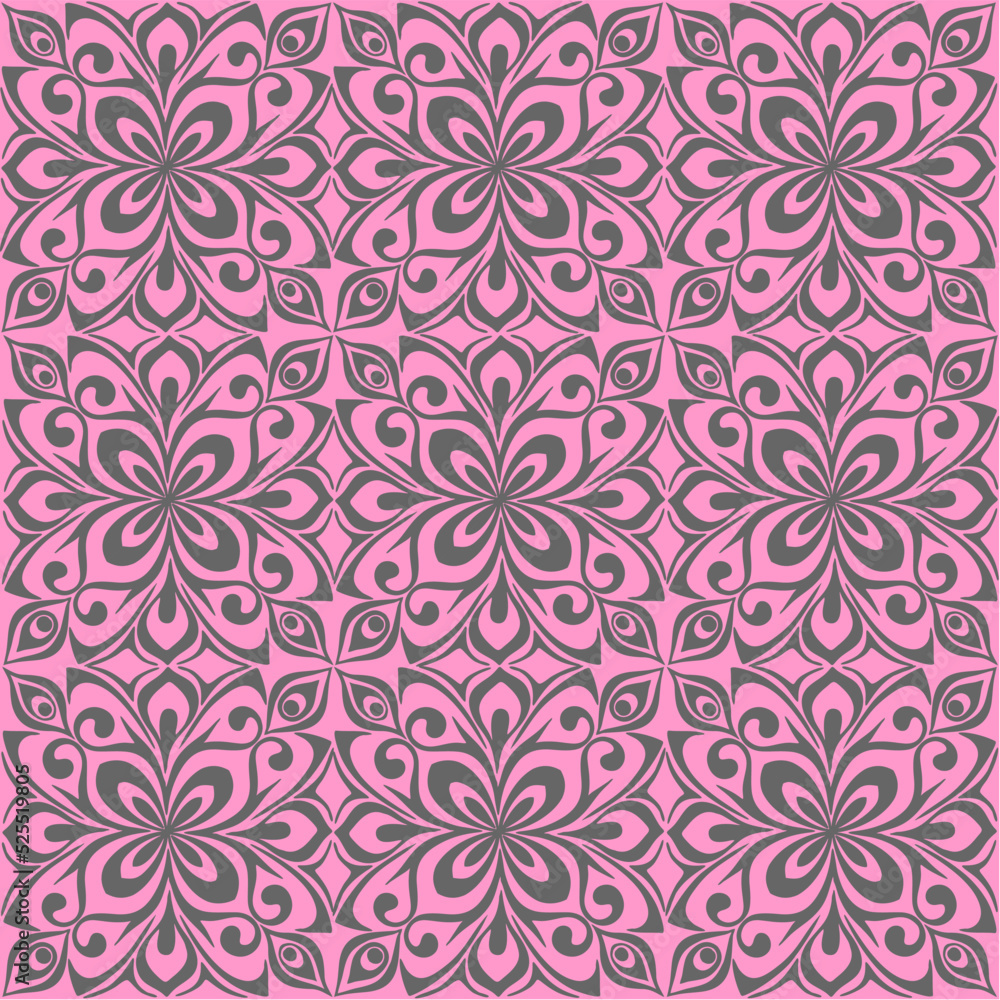 seamless graphic pattern, floral gray ornament tile on pink background, texture, design