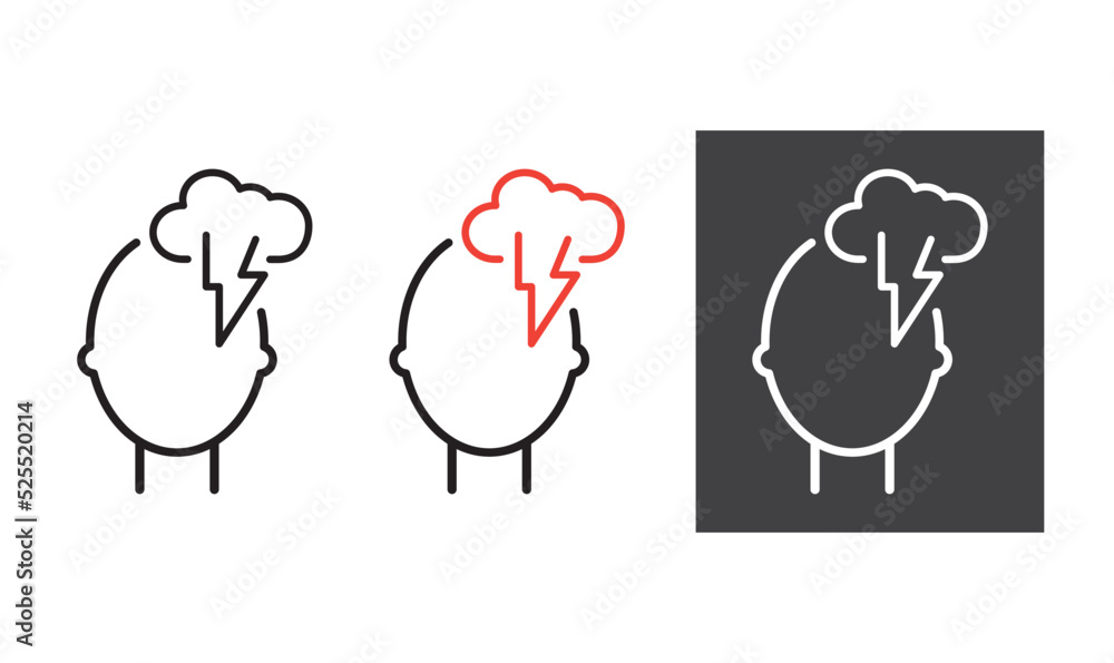 Head silhouette icon with clouds and lightning. Depressive state of mind,anger, bad mood, icon. Head silhouette icon with clouds and lightning. Depressive state of mind,anger, bad mood, icon.
