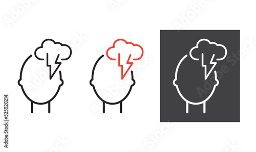 Head silhouette icon with clouds and lightning. Depressive state of mind,anger, bad mood, icon.