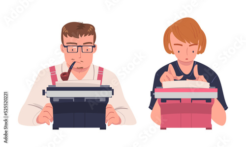 Authors typing on manual retro typewriters. Man and woman journalist writing article on vintage typewriter cartoon vector illustration