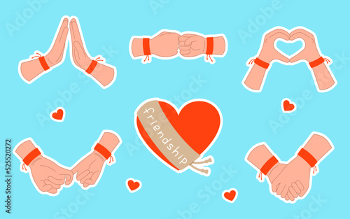 Set of stickers with poses of human hands in friendship bracelets. International Friendship Day vector illustration. Gestures and heart with stroke isolated on blue background