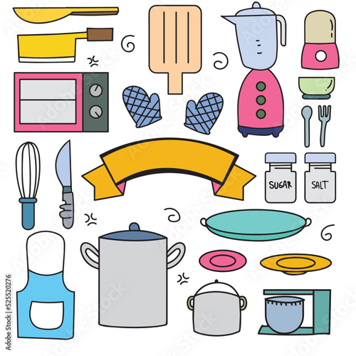 Set of kawaii kitchen doodle element bundles