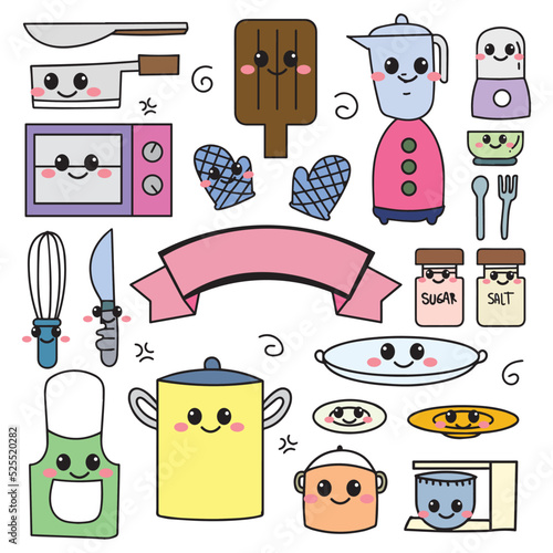 Set of kawaii kitchen doodle element bundles