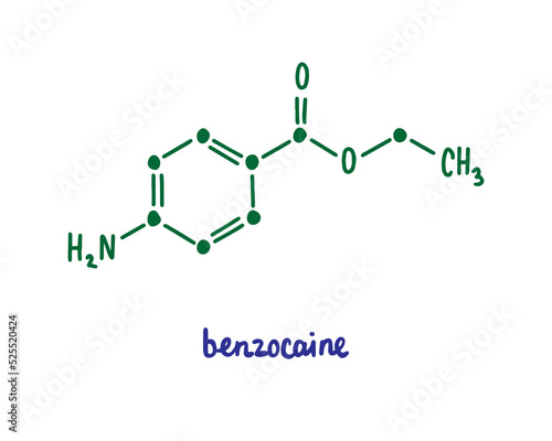 Benzocaine hand drawn vector formula chemical structure lettering blue green