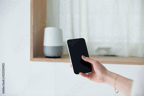 スマートスピーカーを操作する女性