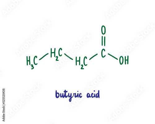 Butyric acid hand drawn vector formula chemical structure lettering blue green photo