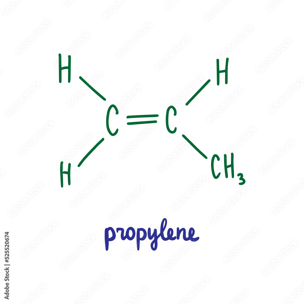 Propylene hand drawn vector formula chemical structure lettering blue green Propylene hand drawn vector formula chemical structure lettering blue green