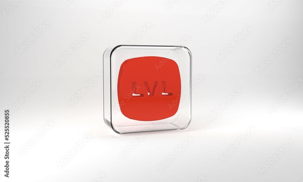 Red Level game icon isolated on grey background. Glass square button. 3d illustration 3D render Red Level game icon isolated on grey background. Glass square button. 3d illustration 3D render