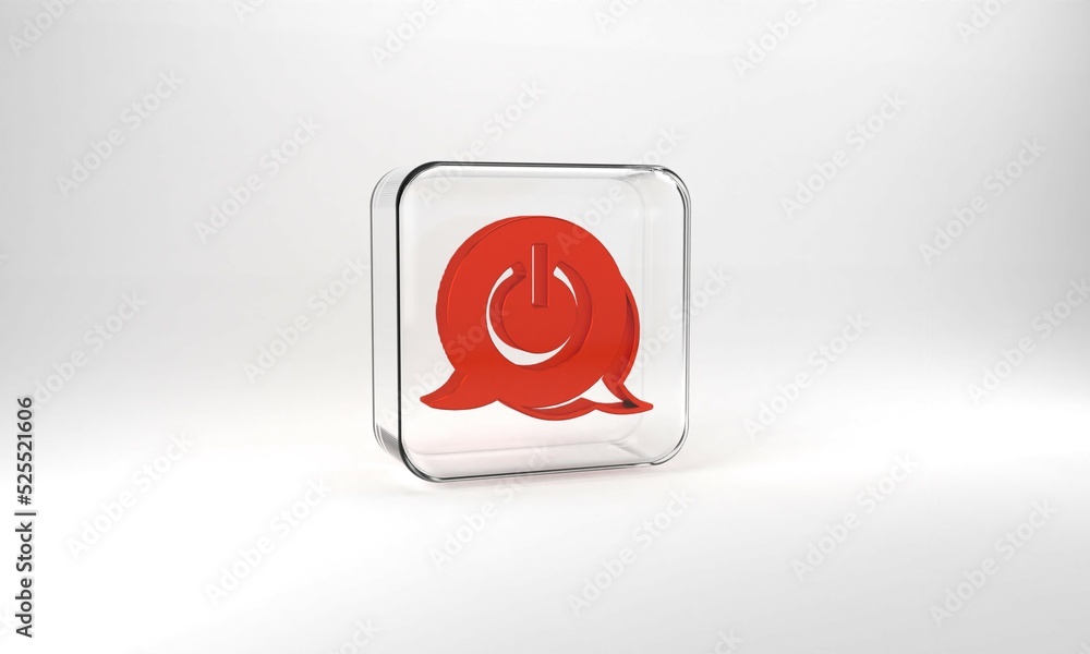 Red Power button icon isolated on grey background. Start sign. Glass square button. 3d illustration 3D render Red Power button icon isolated on grey background. Start sign. Glass square button. 3d illustration 3D render