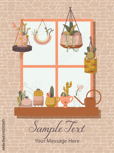 Boho Window on Wall with Plants Vector Illustration Design