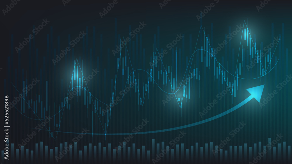economy situation concept. Financial business statistics with bar graph and candlestick chart show stock market price and currency exchange on dark green background - obrazy, fototapety, plakaty 
