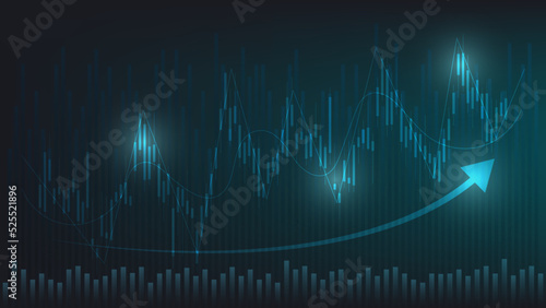 economy situation concept. Financial business statistics with bar graph and candlestick chart show stock market price and currency exchange on dark green background