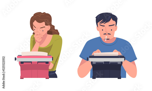 Man and woman authors typing on retro typewriters. Journalists using old styled classic typewriter cartoon vector illustration