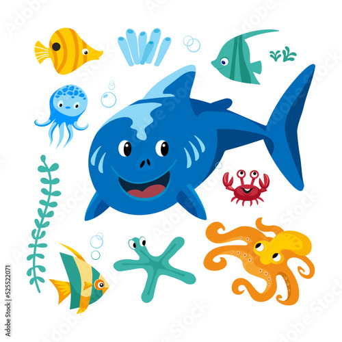 Set of sea creatures, funny shark and fish, octopus and crab. Nature and ocean algae. Vector illustration in cartoon style.