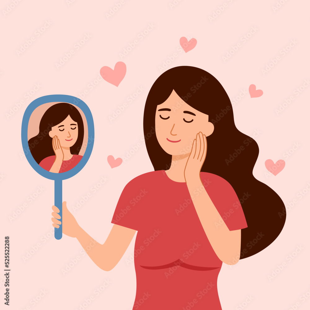 Self love or self esteem concept vector illustration. Smiling woman holding mirror with happiness. Self love or self esteem concept vector illustration. Smiling woman holding mirror with happiness.