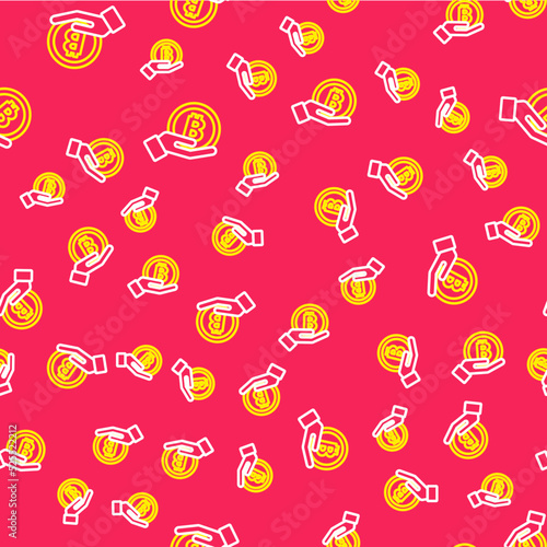 Line Hand holding Bitcoin icon isolated seamless pattern on red background. Blockchain technology, digital money market, cryptocoin wallet. Vector