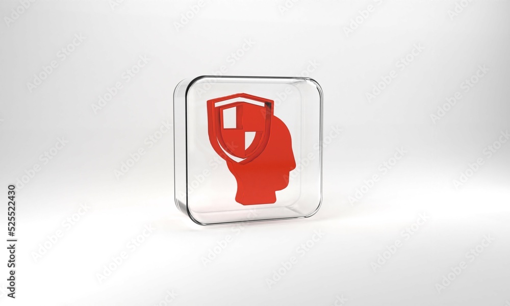 Red Life insurance with shield icon isolated on grey background. Security, safety, protection, protect concept. Glass square button. 3d illustration 3D render Red Life insurance with shield icon isolated on grey background. Security, safety, protection, protect concept. Glass square button. 3d illustration 3D render