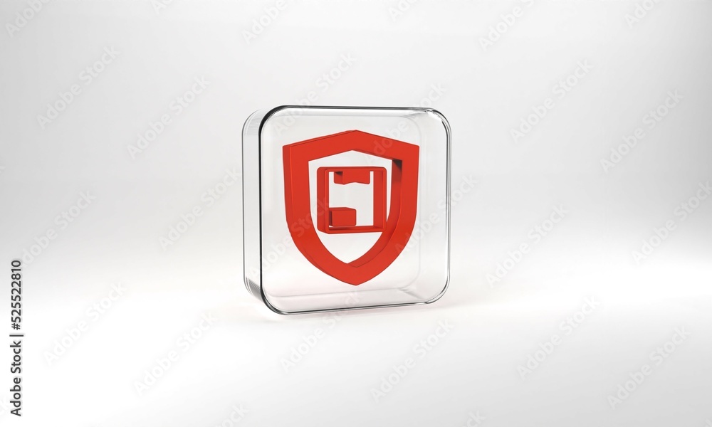 Red Delivery security with shield icon isolated on grey background. Delivery insurance. Insured cardboard boxes beyond the shield. Glass square button. 3d illustration 3D render Red Delivery security with shield icon isolated on grey background. Delivery insurance. Insured cardboard boxes beyond the shield. Glass square button. 3d illustration 3D render