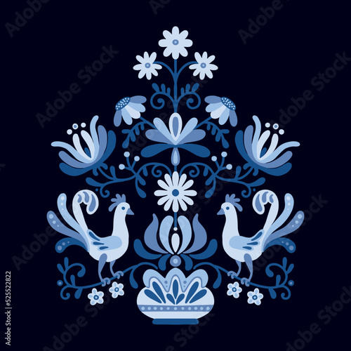 Stylized ukrainian tree of life in blue colours with fabulous floral elements and birds. Based on ukrainian national embroidery tradition. Can be used for cards, packaging or paper print design