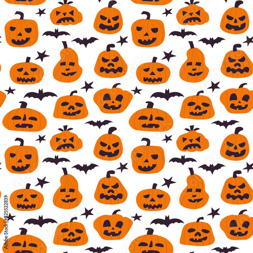 Seamless pattern with cute pumpkins for Halloween. Hand drawn vector illustration.