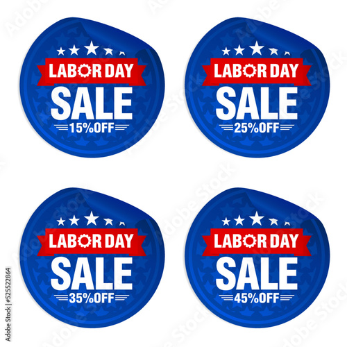 Labor day sale blue stickers set with red ribbon. Sale 15%, 25%, 35%, 45% off