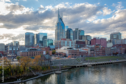 Downtown Nashville city skyline river view on a cloudy day