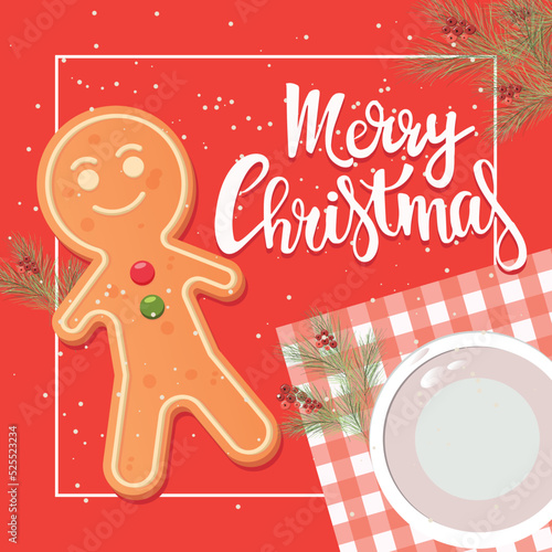 Festive Christmas card invitation banner template, gingerbread on a red background with snow, napkin and plate ith lettering Merry christmas