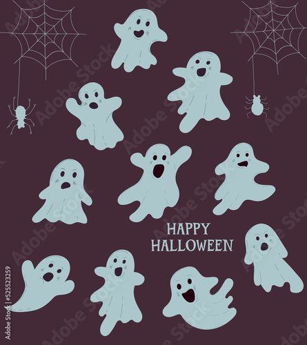 Set of elements for Halloween holiday with cute ghosts. For greeting cards, party invitations, tags, stickers. Vector hand drawn.