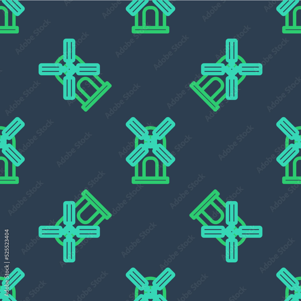 Obraz premium Line Wind turbine icon isolated seamless pattern on blue background. Wind generator sign. Windmill for electric power production. Vector