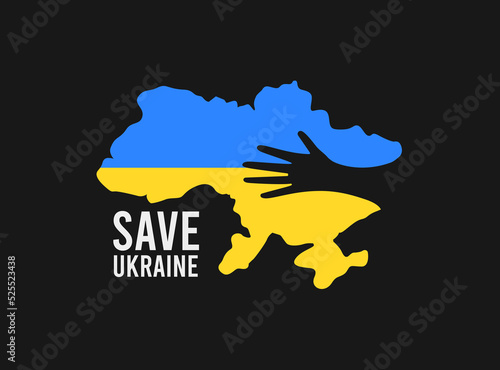 Ukraine contour map with black hand inside. Save Ukraine vector illustration for post, print, banner, and logo