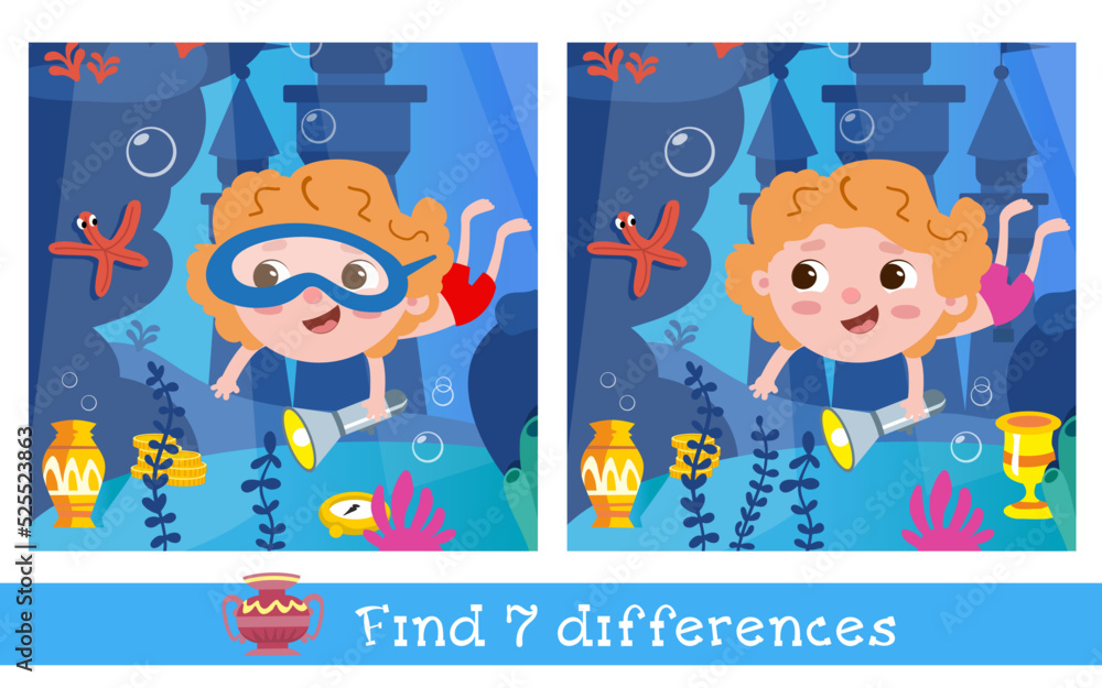 Find 7 differences. Game for children. Cute boy swimming underwater ...