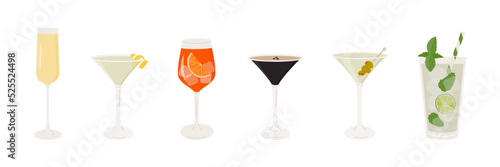 Set of classic cocktails. Different alcoholic drinks in various glasses. Summer aperitif. Mojito with mint, Martini with olives, Aperol Campari Spritz. Vector flat illustration of alcohol beverages.
