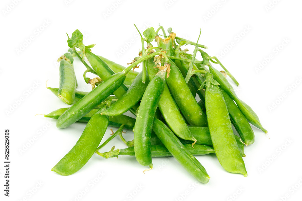 A bunch of green peas in pods on a white background. A bunch of green peas in pods on a white background.