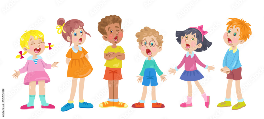 Six cheerful children of different nationalities sing a song. Three little girls and three boys stand together. In cartoon style. Isolated on white background. Vector flat illustration. Six cheerful children of different nationalities sing a song. Three little girls and three boys stand together. In cartoon style. Isolated on white background. Vector flat illustration.