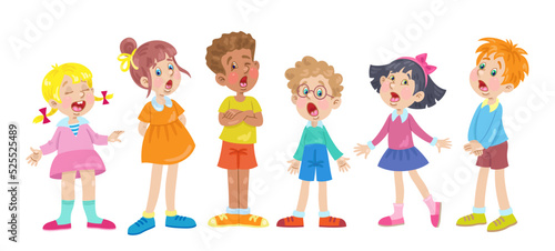 Six cheerful children of different nationalities sing a song. Three little girls and three boys stand together. In cartoon style. Isolated on white background. Vector flat illustration.