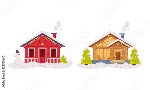 Wooden cabins in winter landscape. Small houses glowing in with garland lamps flat vector illustration