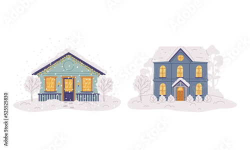 Wooden houses in winter landscape with glowing windows and snowy rooftops flat vector illustration