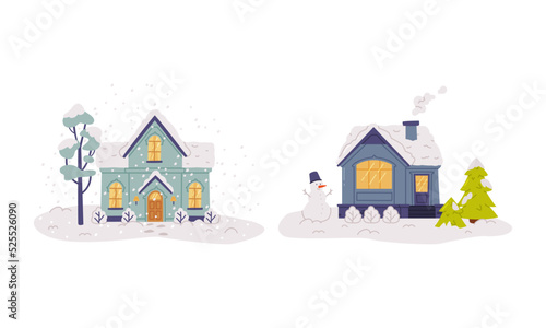 Wooden houses in winter landscape with glowing windows. snowy rooftops and smoke in chimney flat vector illustration