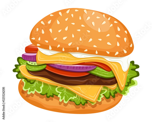 Hamburger. Bun, patty, tomato, cheese, salad greens, onions, sauce.  Fast Food. Graphics. Cartoon. Vector. Close-up. 