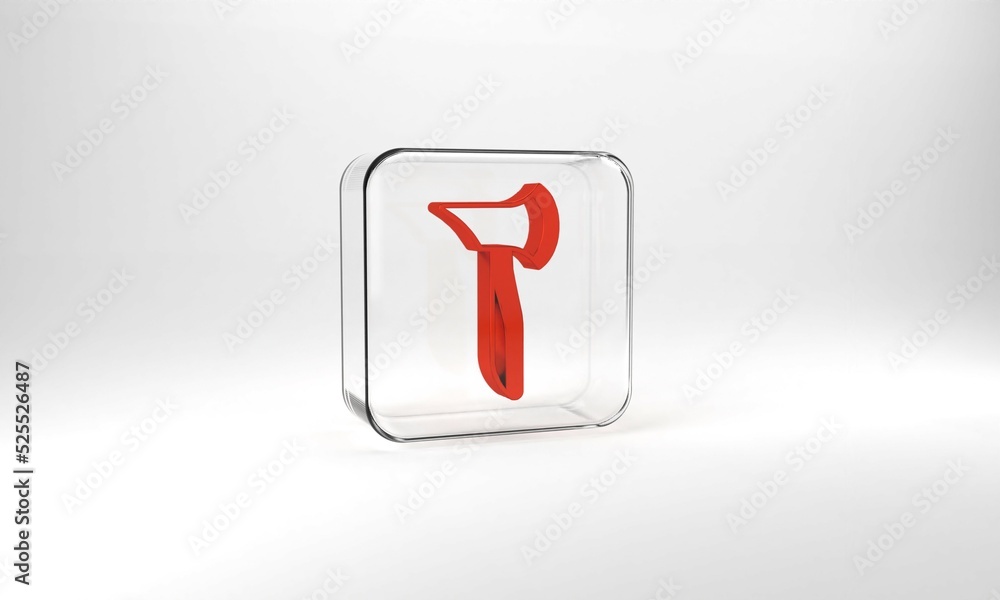 Red Wooden axe icon isolated on grey background. Lumberjack axe. Glass square button. 3d illustration 3D render Red Wooden axe icon isolated on grey background. Lumberjack axe. Glass square button. 3d illustration 3D render