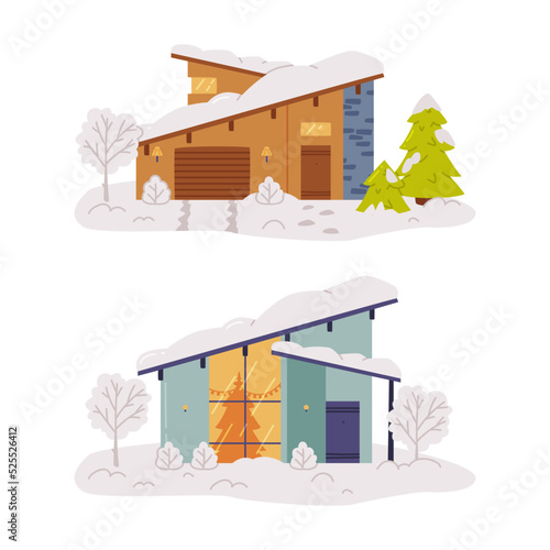 Modern houses on winter. Small cottages with glowing windows and snowy rooftops flat vector illustration