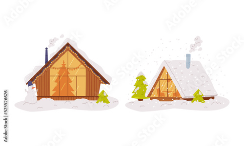Small cottages on winter. Wooden cabins with glowing windows, snowy rooftops and garland lamps flat vector illustration
